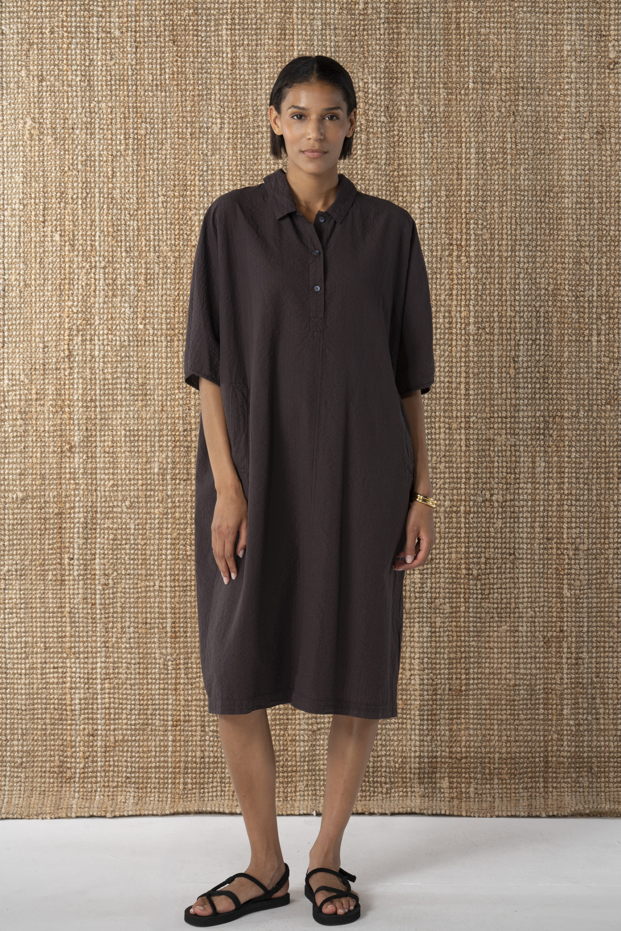 Kleid 624 Brown Baumwoll-Leinen Seersucker