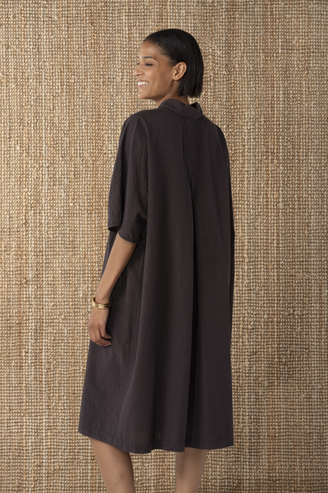 Kleid 624 Brown Baumwoll-Leinen Seersucker